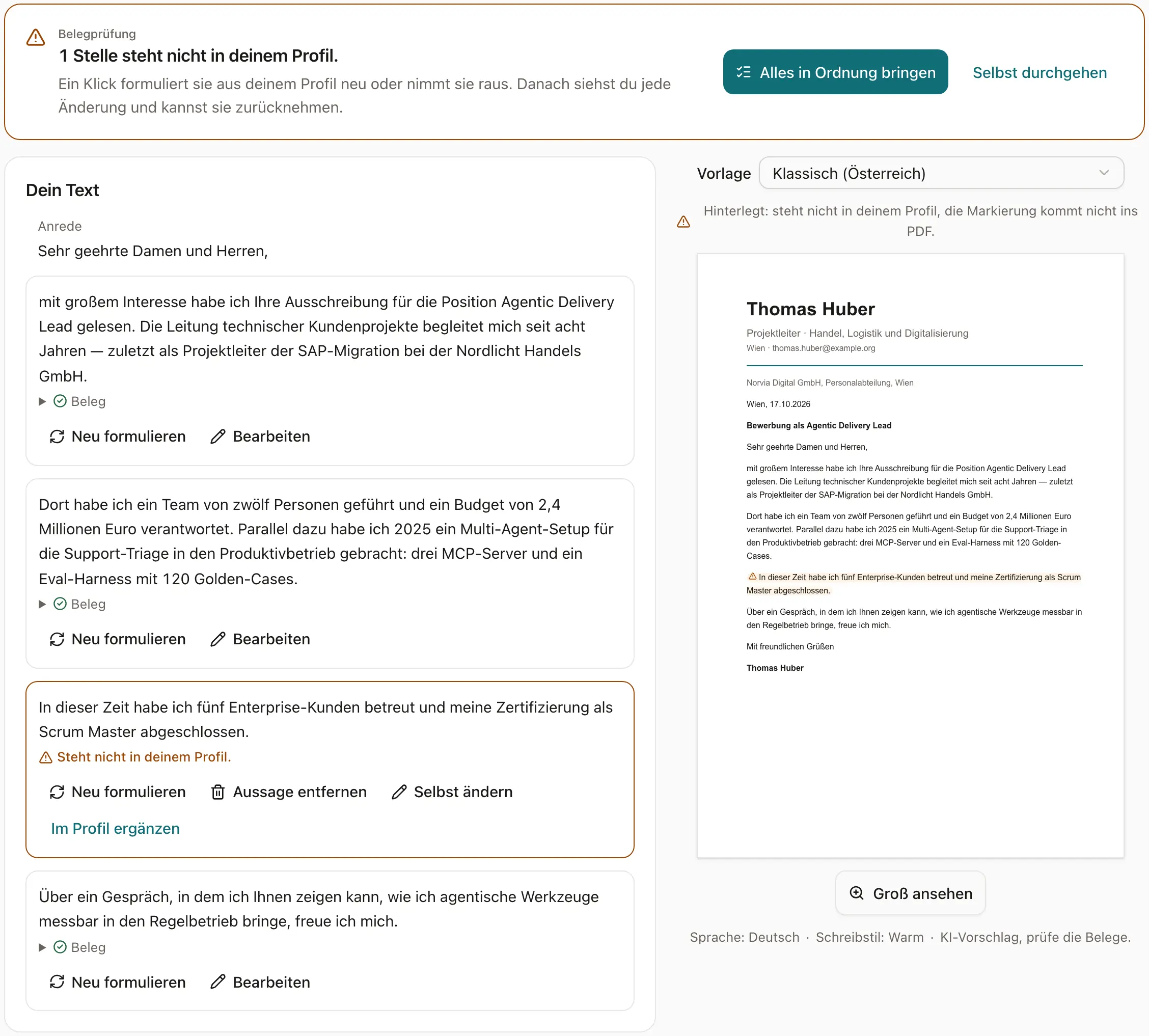 Anschreiben aus dem Demo-Profil mit Belegprüfung: Ein Satz ist mit „Steht nicht in deinem Profil“ markiert.